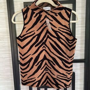 NWT Carmen Marc Valvo sleeveless mock turtleneck sweater brown black zebra size